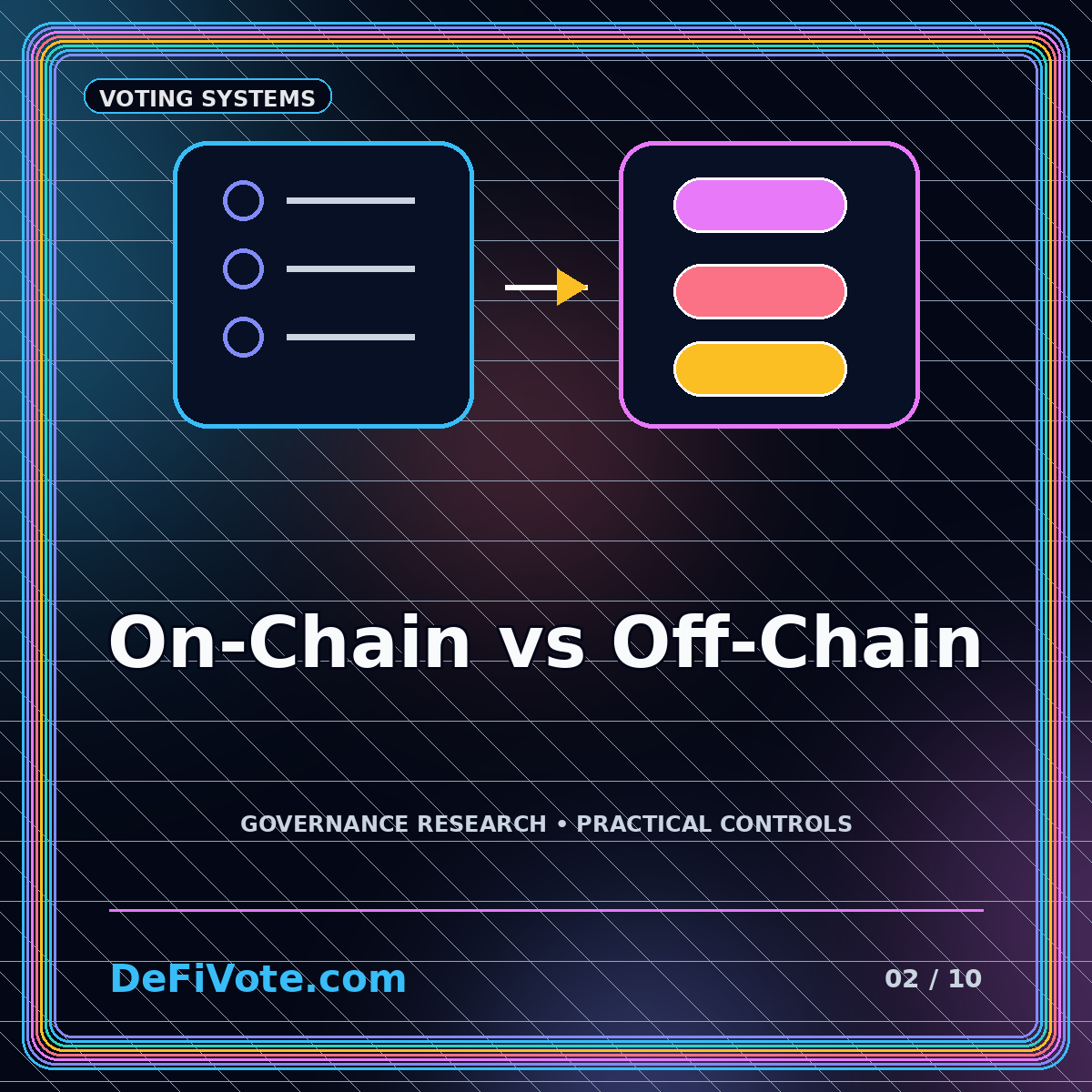 Split neon illustration comparing on-chain and off-chain DAO voting